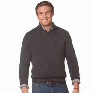 Chaps Grey + Brown Elbow Patch Mock Neck 100% Cotton Men's Pullover Sweater, MED